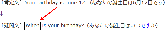 肯定文　Your birthday is June 12.（あなたの誕生日は6月12日です）　疑問文　When is your birthday?（あなたの誕生日はいつですか？） 