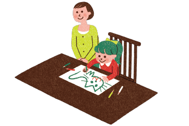 机で絵を描く女の子と、それを見守るお母さんイメージイラスト