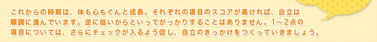 これからの時期は、体も心もぐんと成長。それぞれの項目のスコアが高ければ、自立は順調に進んでいます。逆に低いからといってがっかりすることはありません。1～2点の項目については、さらにチェックが入るよう促し、自立のきっかけをつくっていきましょう。