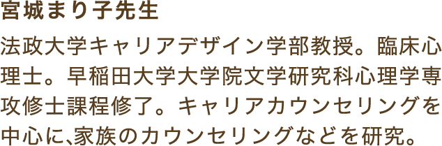 宮城まり子先生　法政大学キャリアデザイン学部教授。臨床心理士。早稲田大学大学院文学研究科心理学専攻修士課程修了。キャリアカウンセリングを中心に、家族のカウンセリングなどを研究。