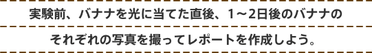 実験前、バナナを光に当てた直後、1～2日後のバナナのそれぞれの写真を撮ってレポートを作成しよう。