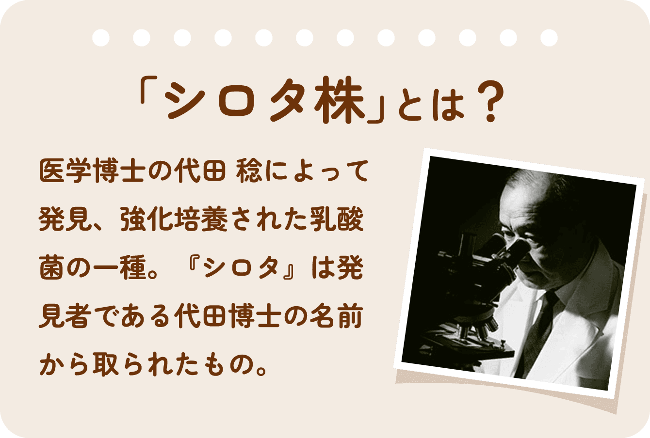 「シロタ株」とは？医学博士の代田 稔によって発見、強化培養された乳酸菌の一種。『シロタ』は発見者である代田博士の名前から取られたもの。