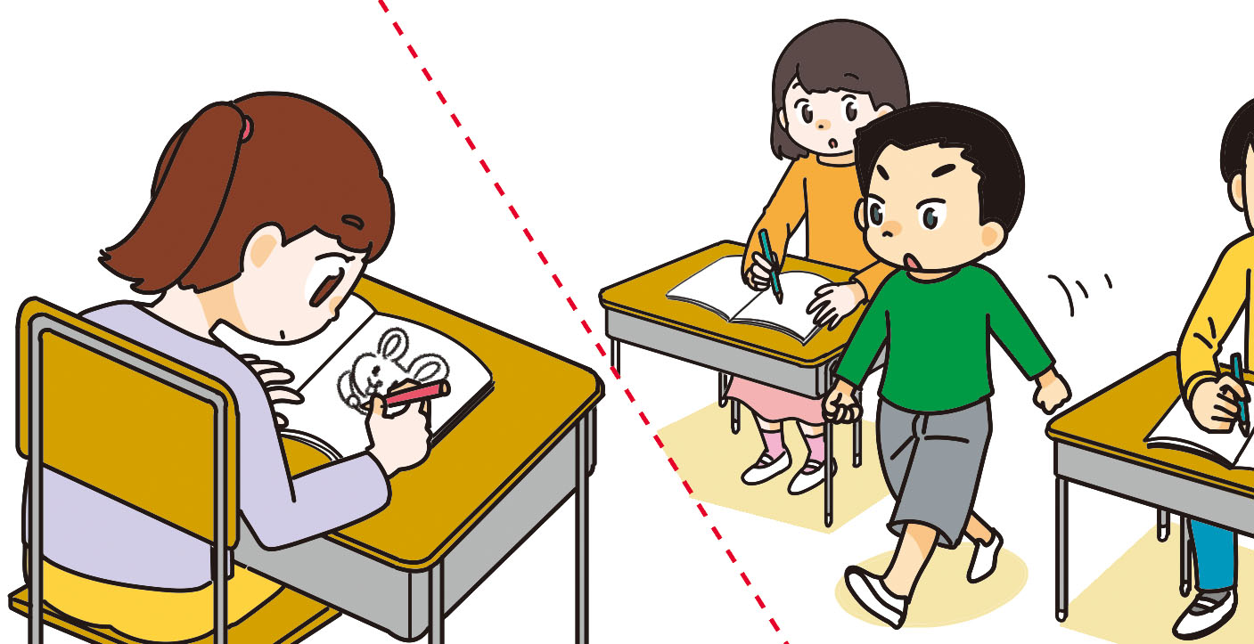授業の内容とは関係の無い絵を描く子どもと、授業中に突然席を立って移動する子ども